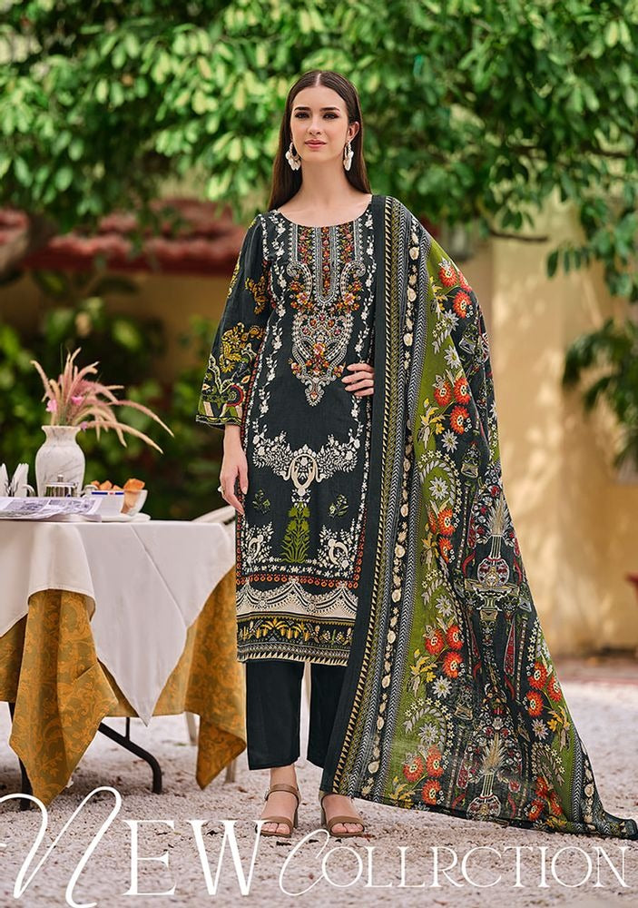 Premium Cotton Dress Material with Self Embroidery & Mal Mal Dupatta