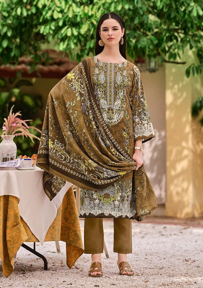 Premium Cotton Dress Material with Self Embroidery & Mal Mal Dupatta