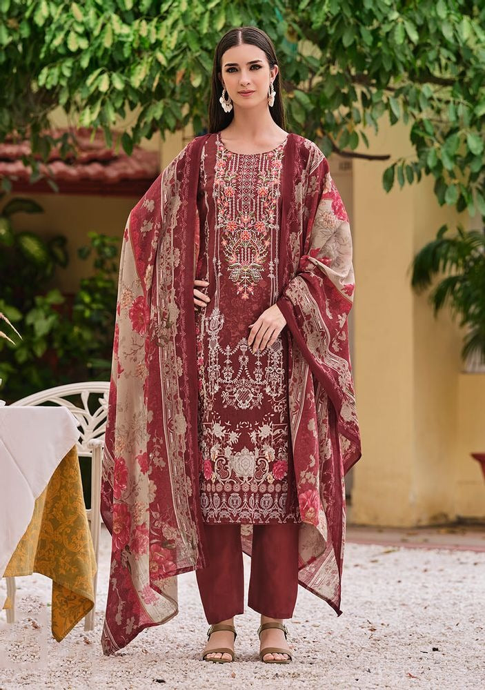 Premium Cotton Dress Material with Self Embroidery & Mal Mal Dupatta