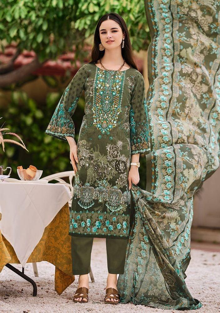 Premium Cotton Dress Material with Self Embroidery & Mal Mal Dupatta