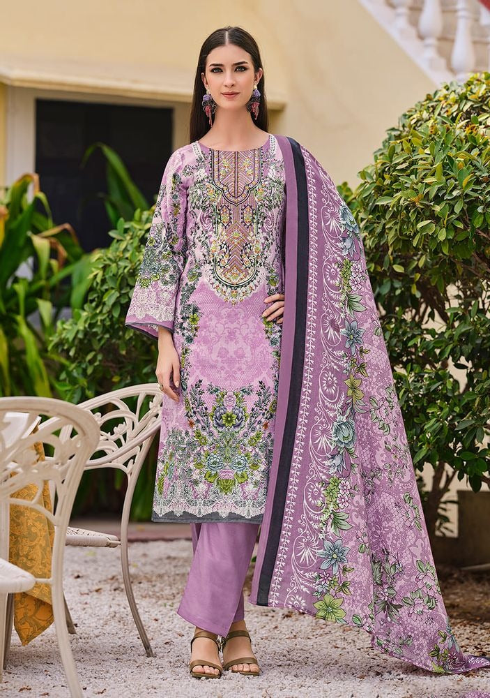 Premium Cotton Dress Material with Self Embroidery & Mal Mal Dupatta