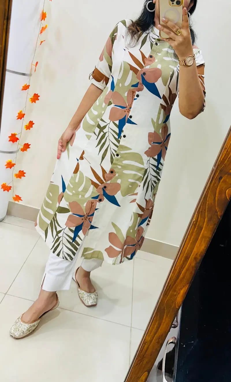 Cotton Printed Long Co-ord Set with Pocket | Stylish Kurta & Pant Set