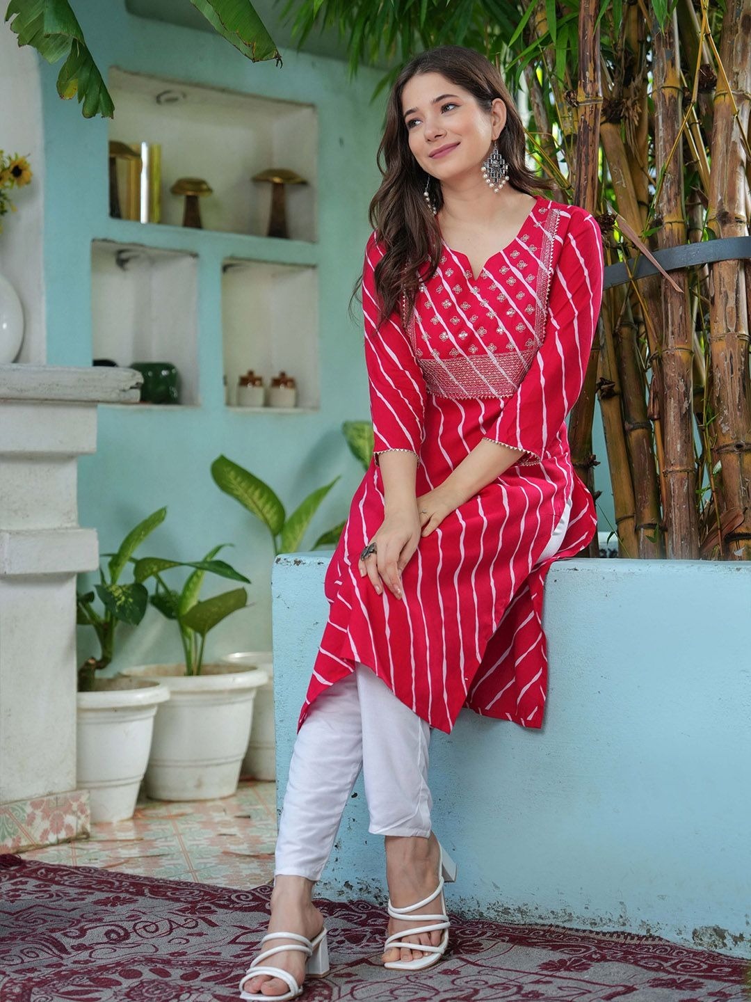 Premium Ladies Rayon Embroidered Kurti | Lahariya Print Straight Kurta with 3/4 Sleeves