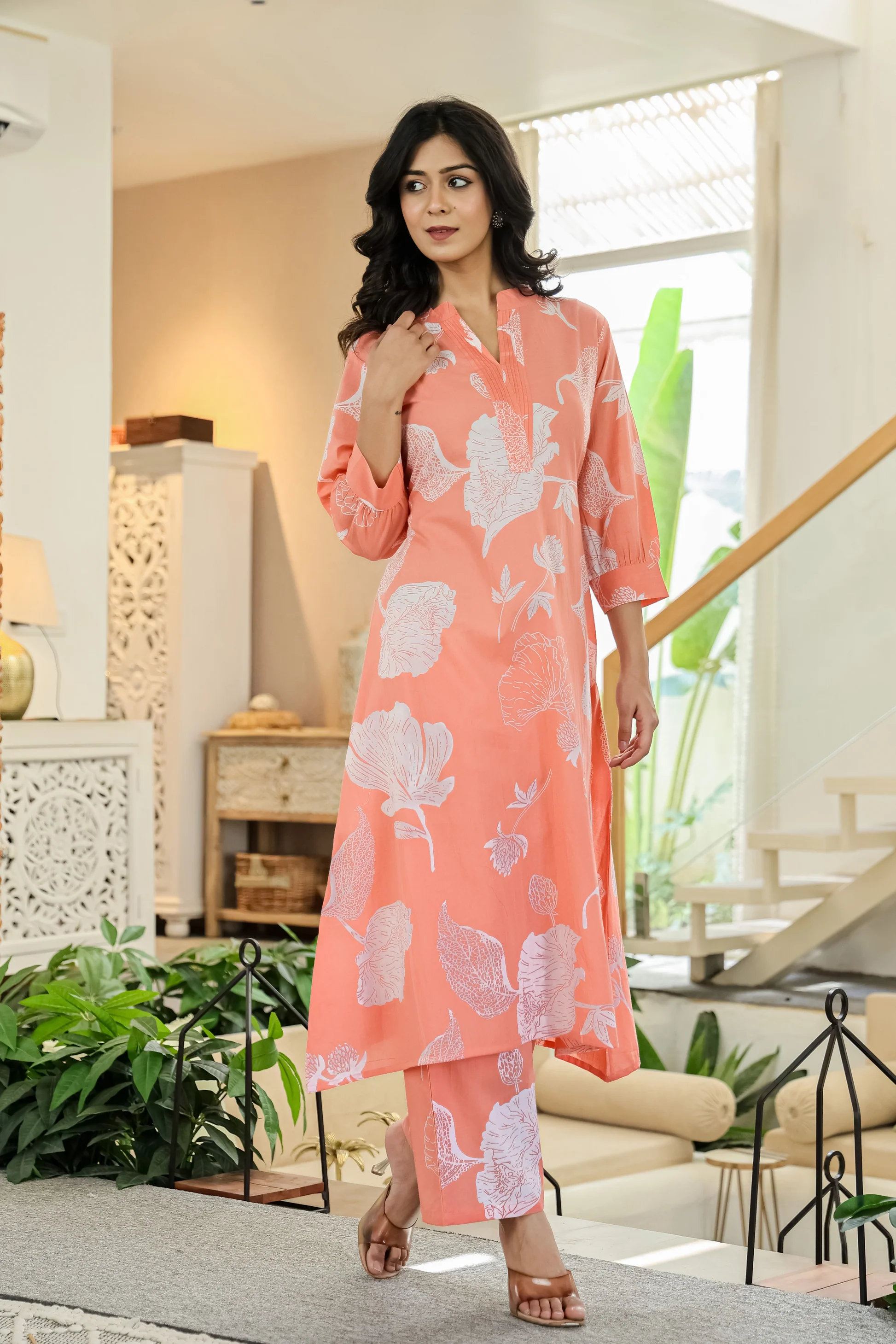 Peach Floral Cotton Co-ord Set for Women