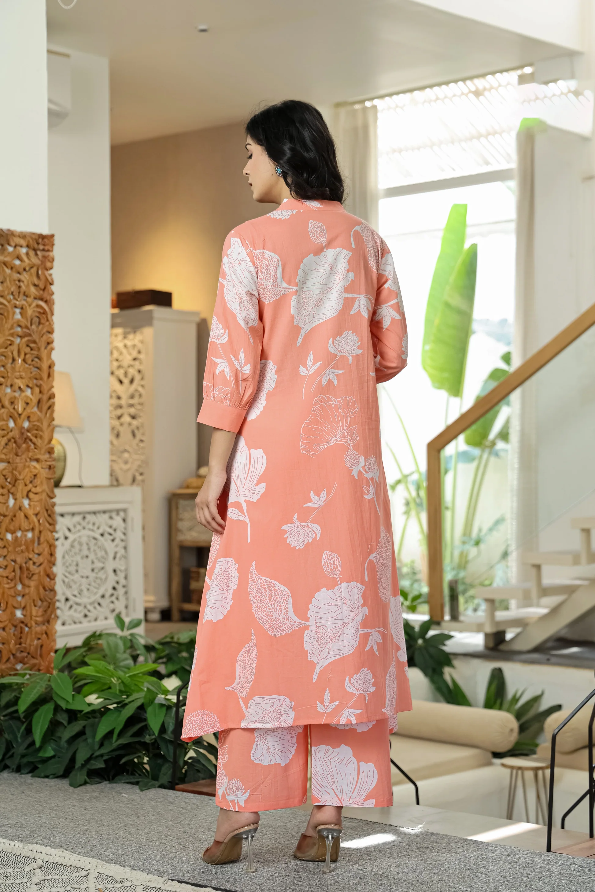 Peach Floral Cotton Co-ord Set for Women