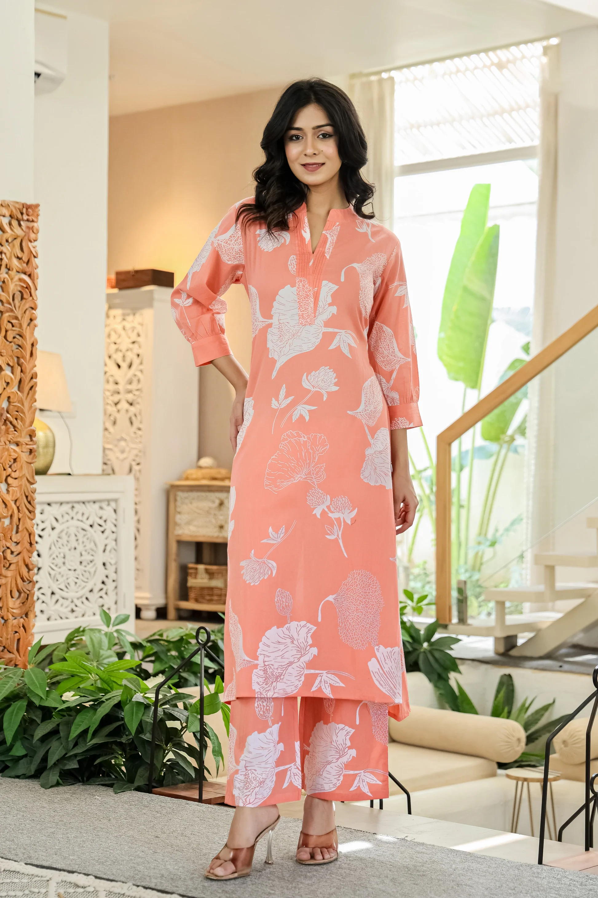 Peach Floral Cotton Co-ord Set for Women