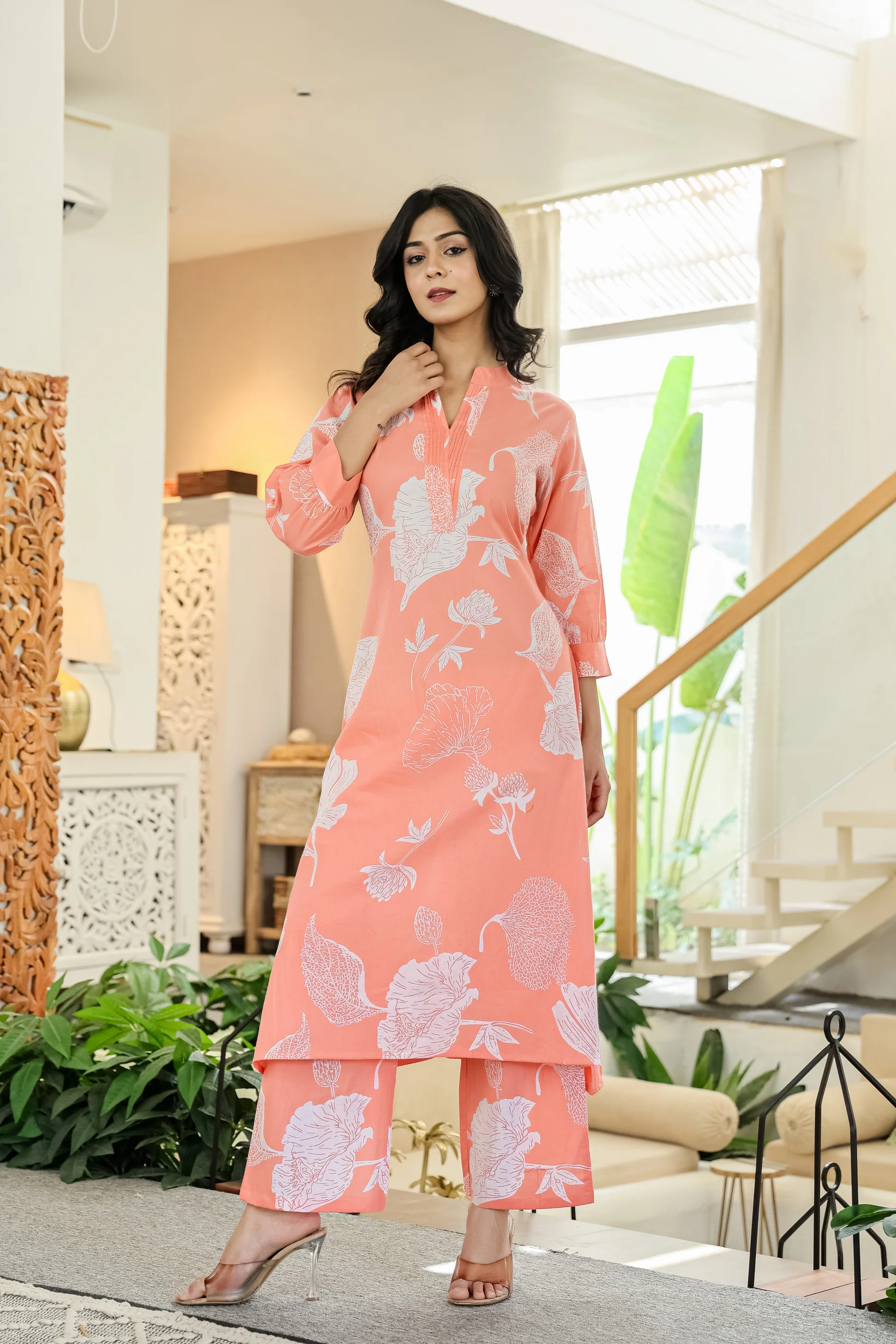 Peach Floral Cotton Co-ord Set for Women
