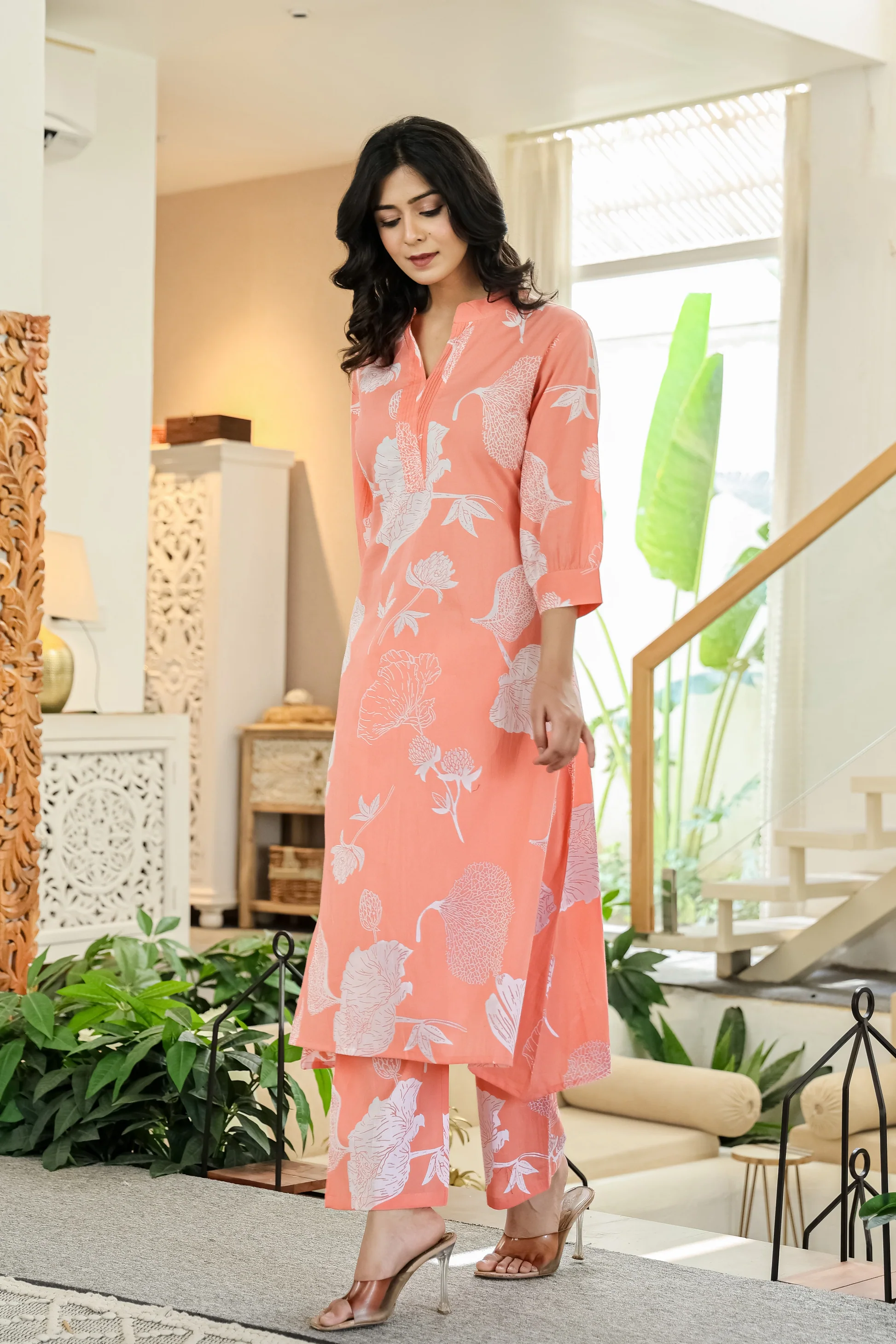 Peach Floral Cotton Co-ord Set for Women