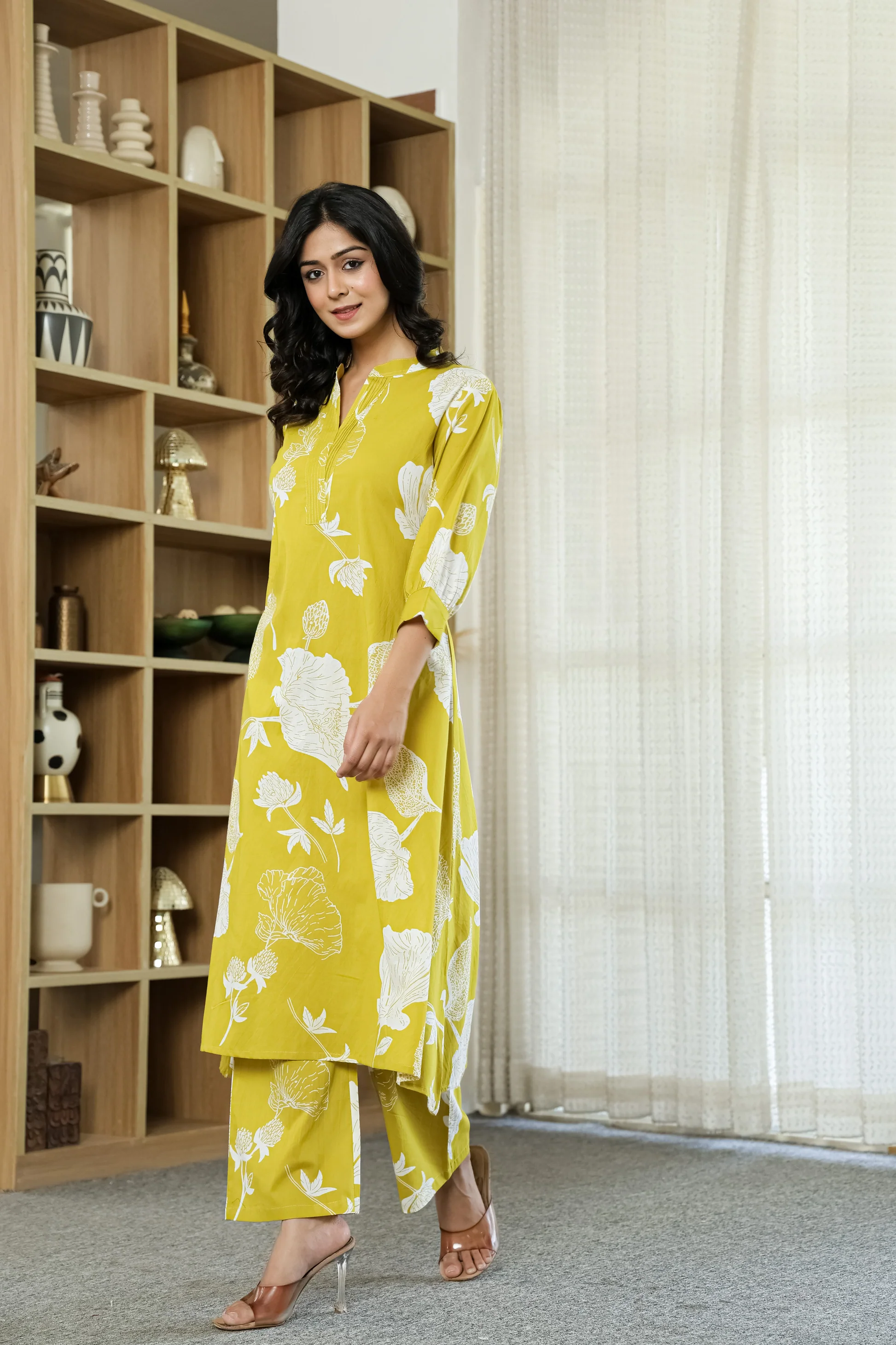 Yellow Floral Cotton Co-ord Set for Women