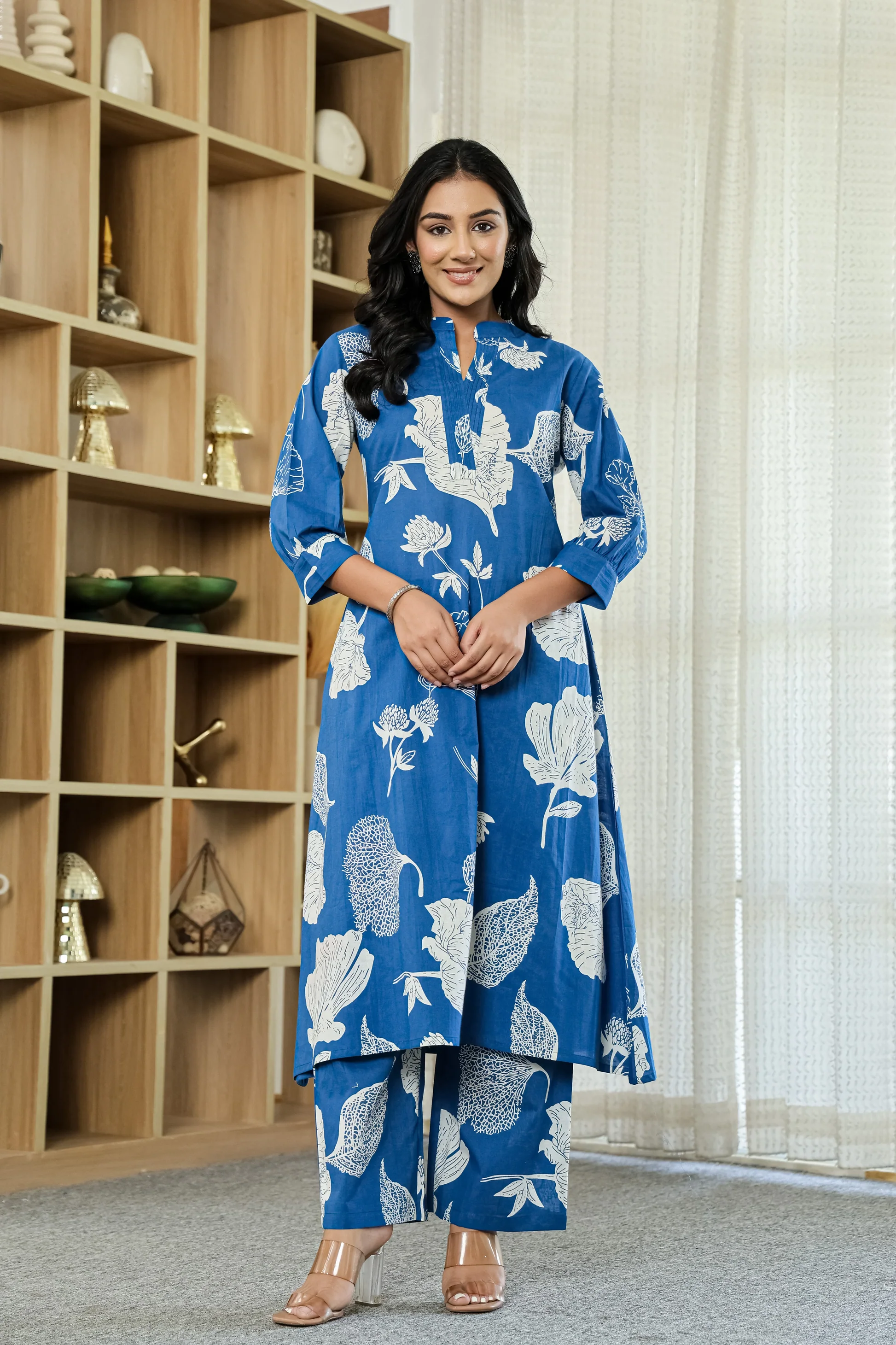 Blue Floral Cotton Co-ord Set for Women