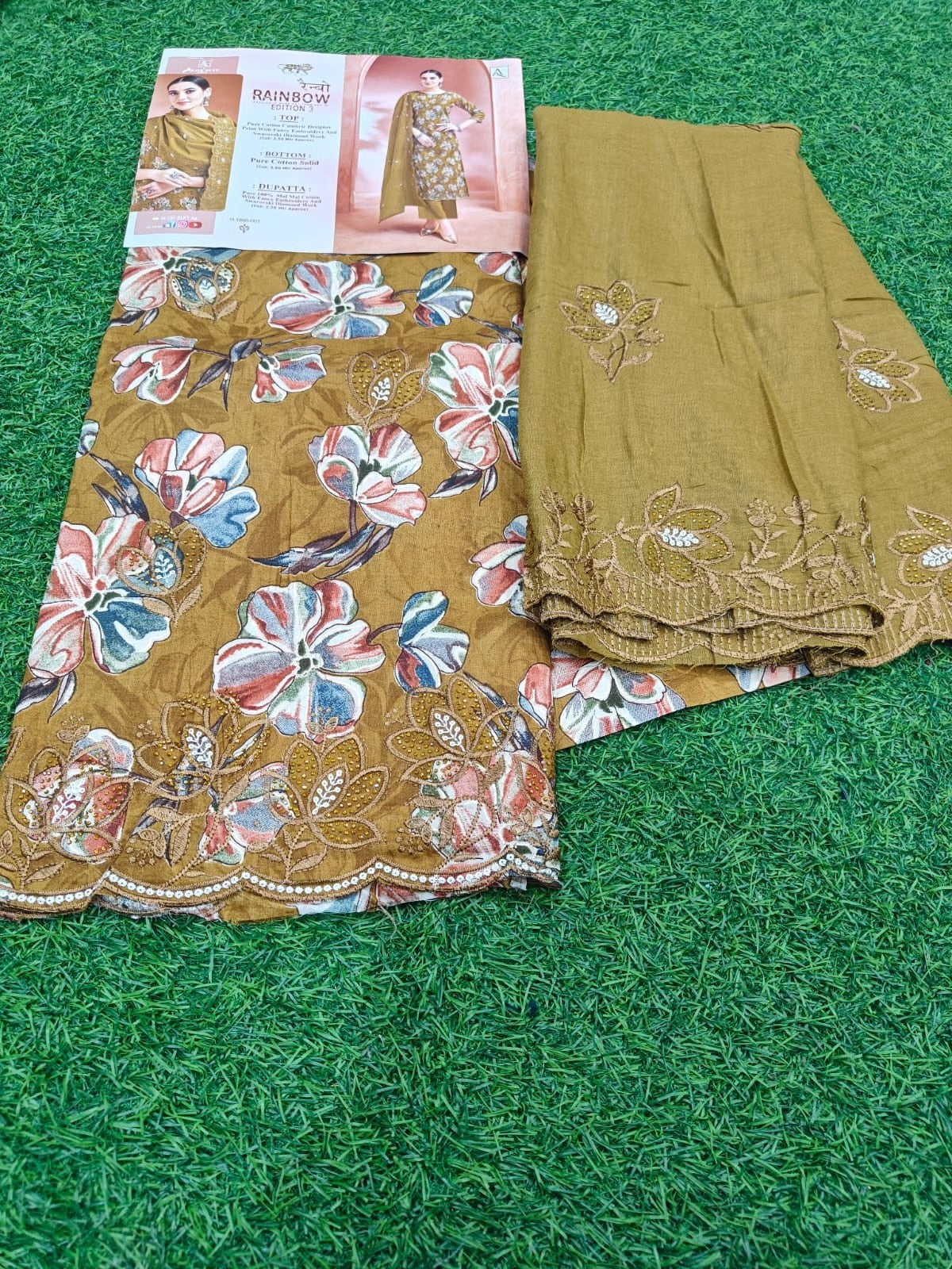 Designer Cotton Suit - Pure Cambric Cotton with Swarovski Diamond Work & Mal Mal Dupatta