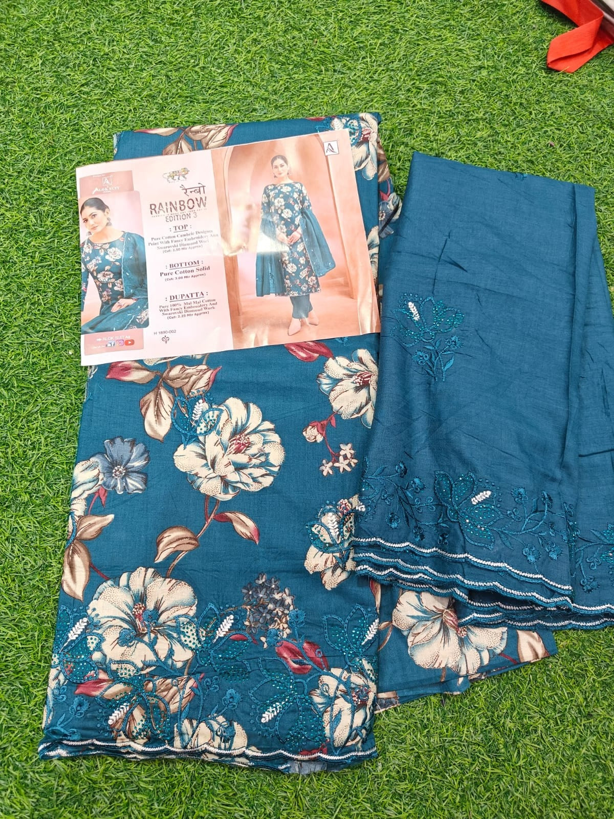 Designer Cotton Suit - Pure Cambric Cotton with Swarovski Diamond Work & Mal Mal Dupatta