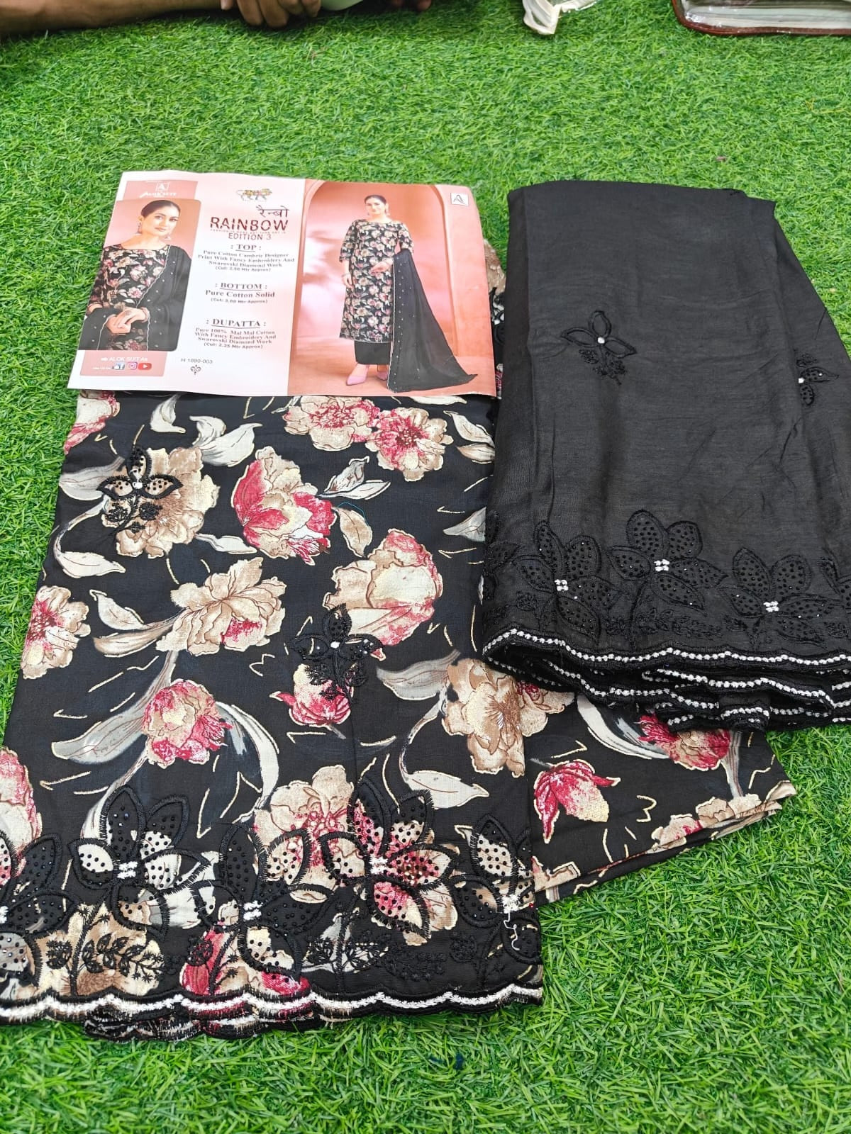 Designer Cotton Suit - Pure Cambric Cotton with Swarovski Diamond Work & Mal Mal Dupatta