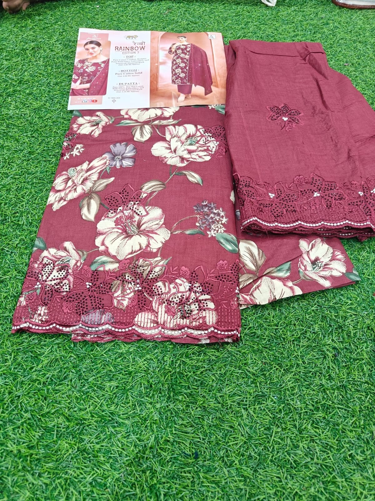 Designer Cotton Suit - Pure Cambric Cotton with Swarovski Diamond Work & Mal Mal Dupatta