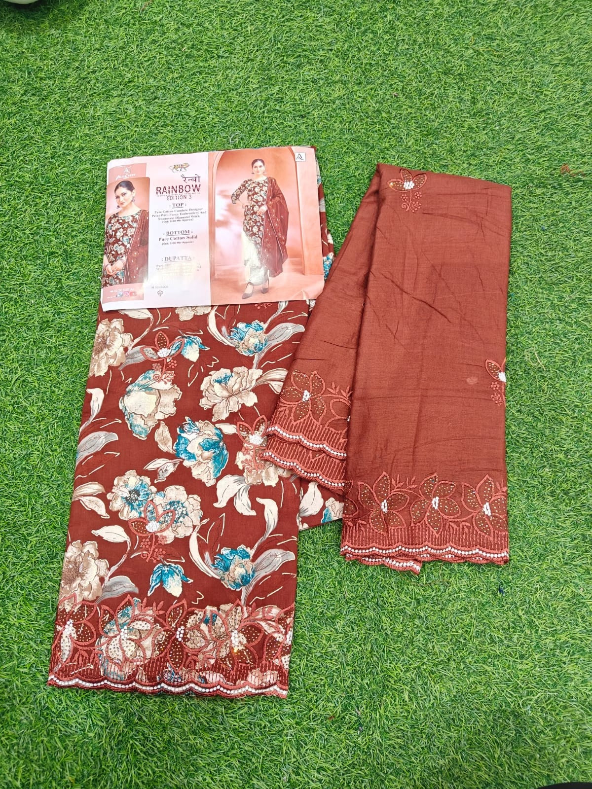 Designer Cotton Suit - Pure Cambric Cotton with Swarovski Diamond Work & Mal Mal Dupatta