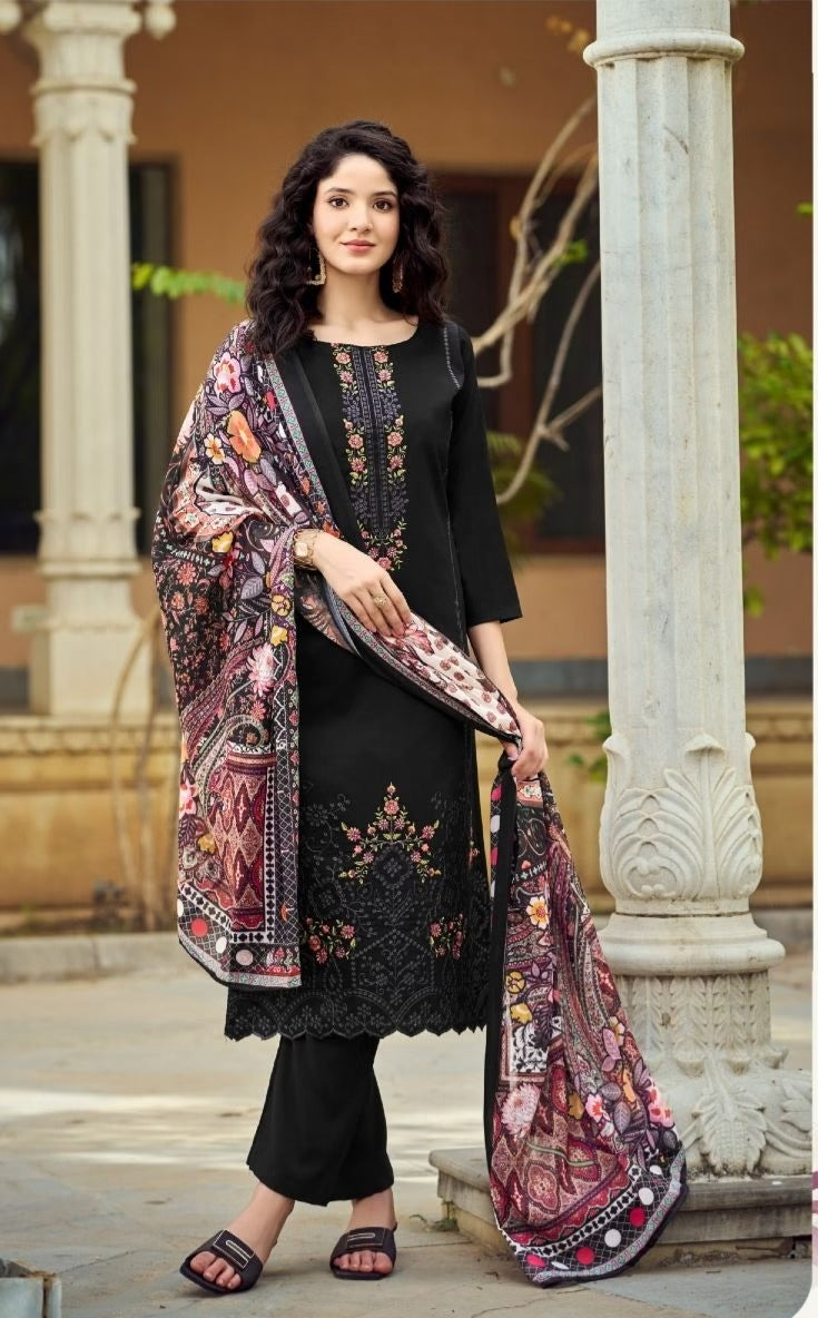Premium Pakistani Dress Material for Women | Heavy Karachi Embroidered Top with Mal Mal Dupatta & Rayon Bottom