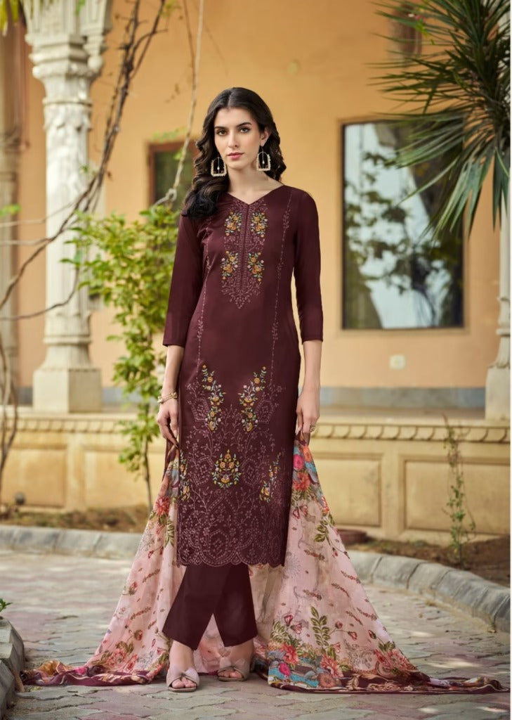 Premium Pakistani Dress Material for Women | Heavy Karachi Embroidered Top with Mal Mal Dupatta & Rayon Bottom