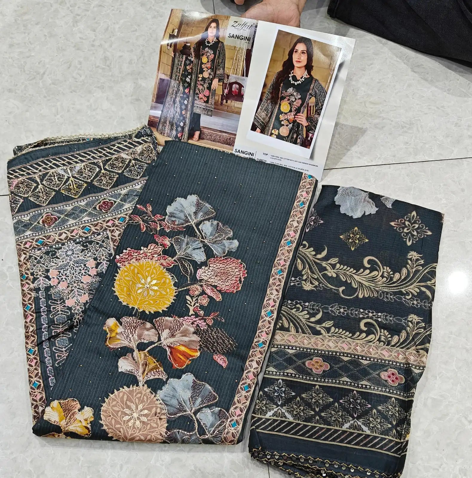 Pure Mal Mal Cotton Dupatta - Jam Cotton Suit with Heavy Mirror & Aari Handwork