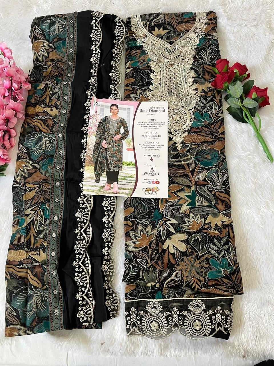 Alok Black Diamond Designer Rayon Suit - Pure Rayon Discharge Print with Foil & Embroidery