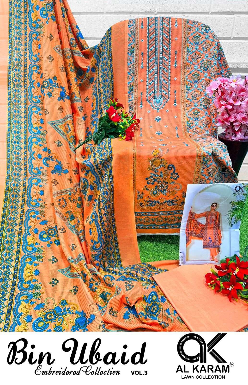 Al Karam Bin Ubaid Lawn Collection - Self Embroidery Cotton Dress Material with Mal Mal Dupatta