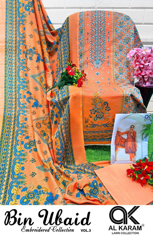 Al Karam Bin Ubaid Lawn Collection - Self Embroidery Cotton Dress Material with Mal Mal Dupatta
