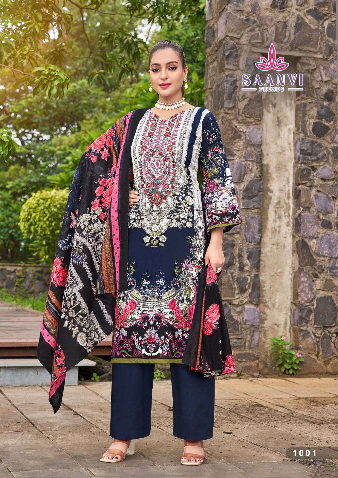 Saanvi Nusrat - Heavy Pure Cotton Dress Material with Kashmiri Neck Embroidery & Designer Dupatta