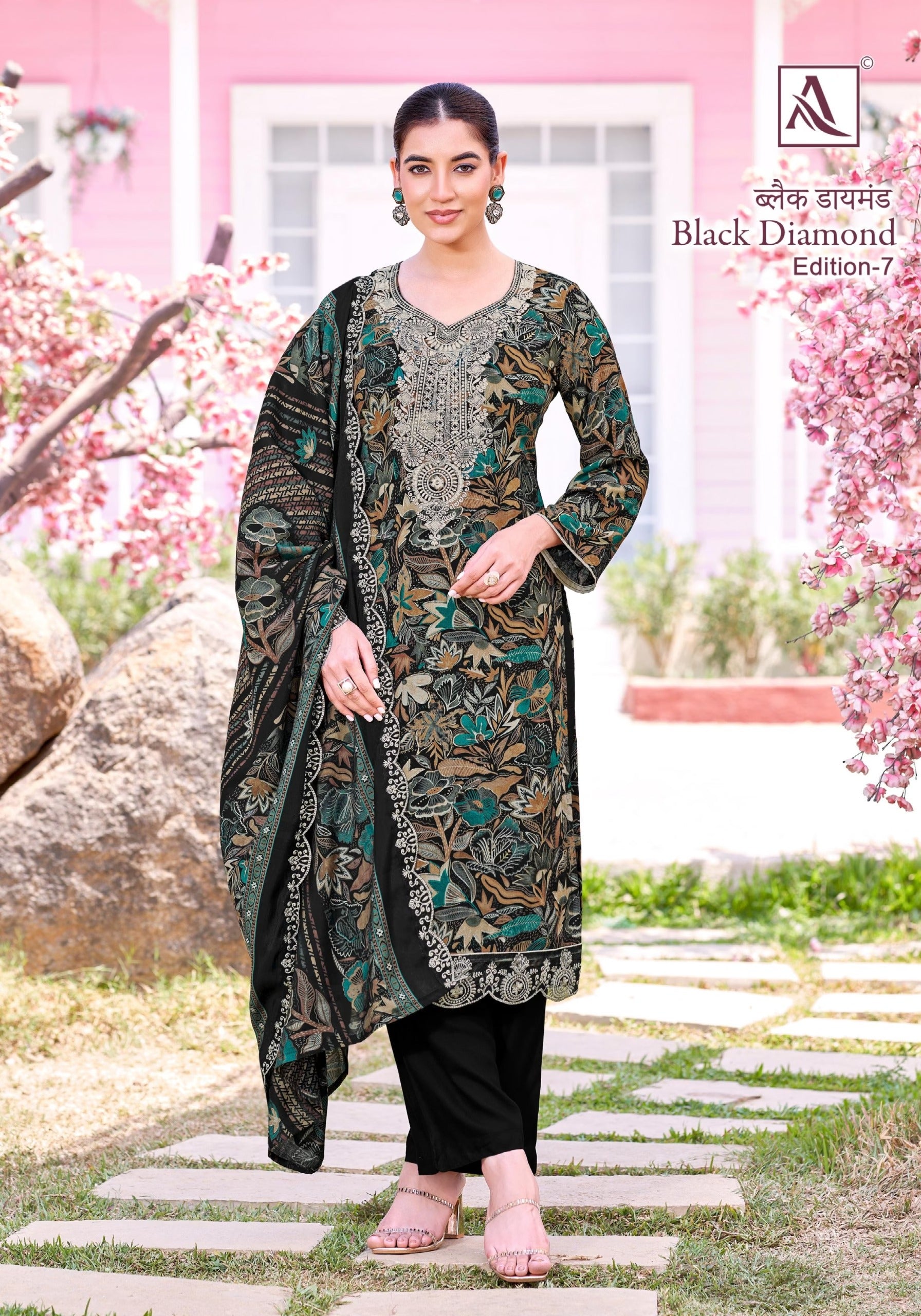 Alok Black Diamond Designer Rayon Suit - Pure Rayon Discharge Print with Foil & Embroidery