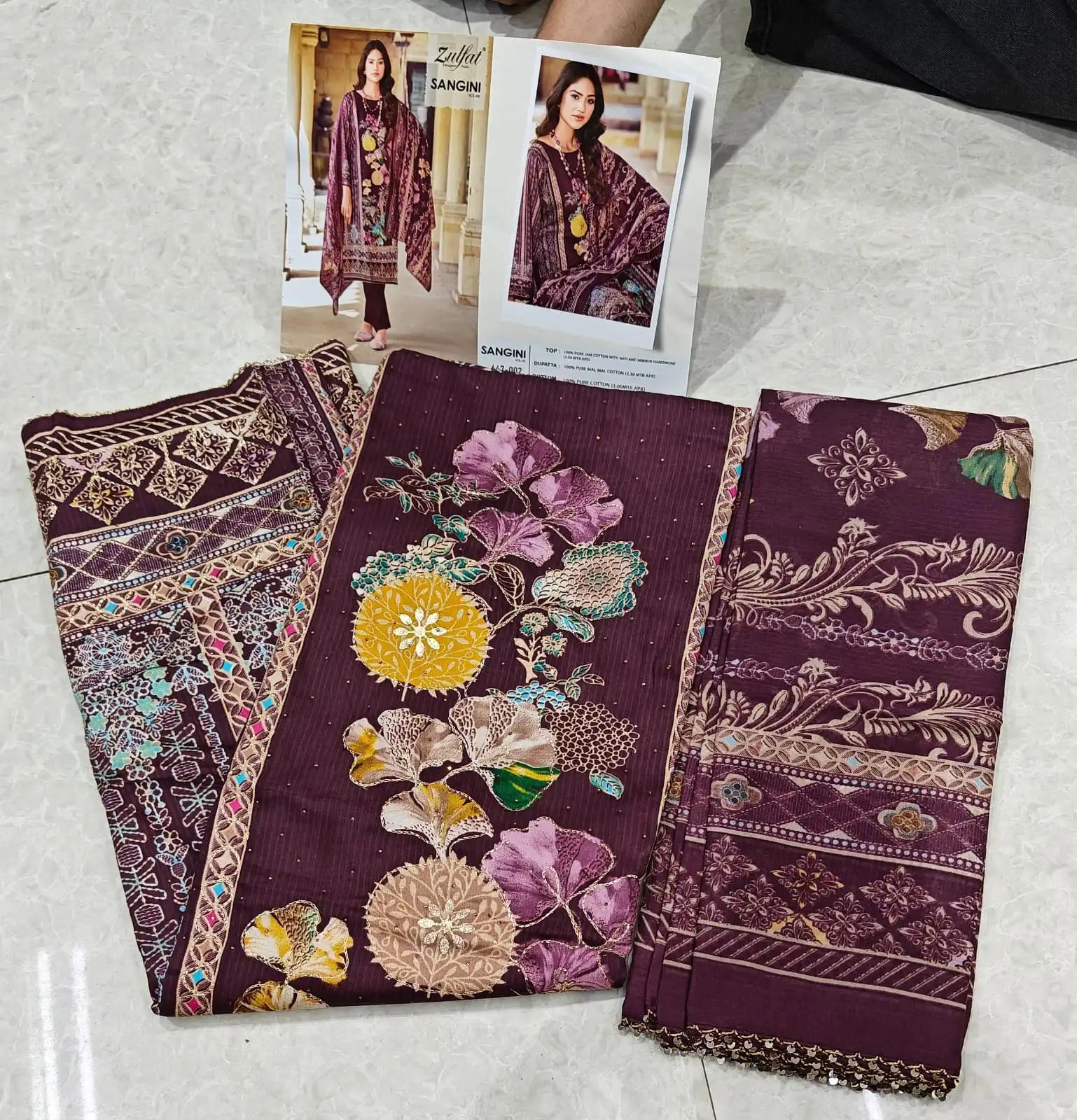 Pure Mal Mal Cotton Dupatta - Jam Cotton Suit with Heavy Mirror & Aari Handwork