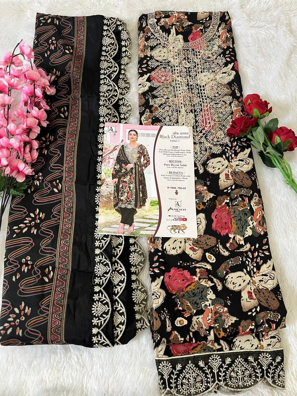 Alok Black Diamond Designer Rayon Suit - Pure Rayon Discharge Print with Foil & Embroidery