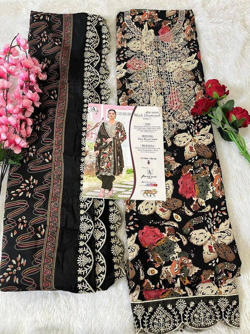 Alok Black Diamond Designer Rayon Suit - Pure Rayon Discharge Print with Foil & Embroidery