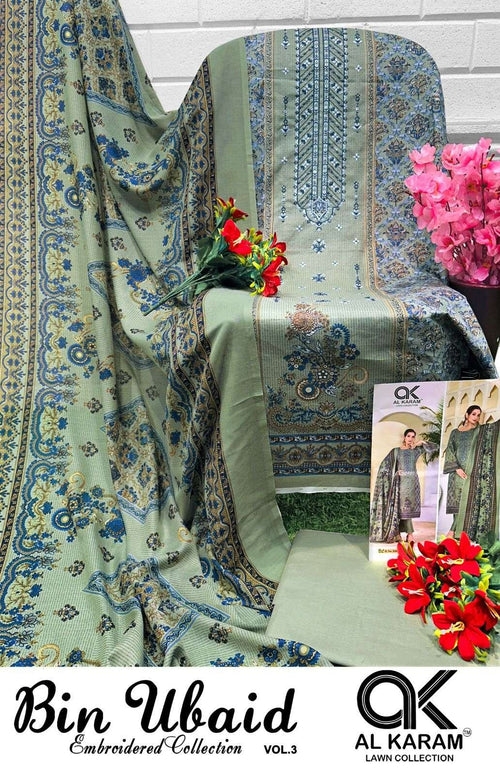 Al Karam Bin Ubaid Lawn Collection - Self Embroidery Cotton Dress Material with Mal Mal Dupatta