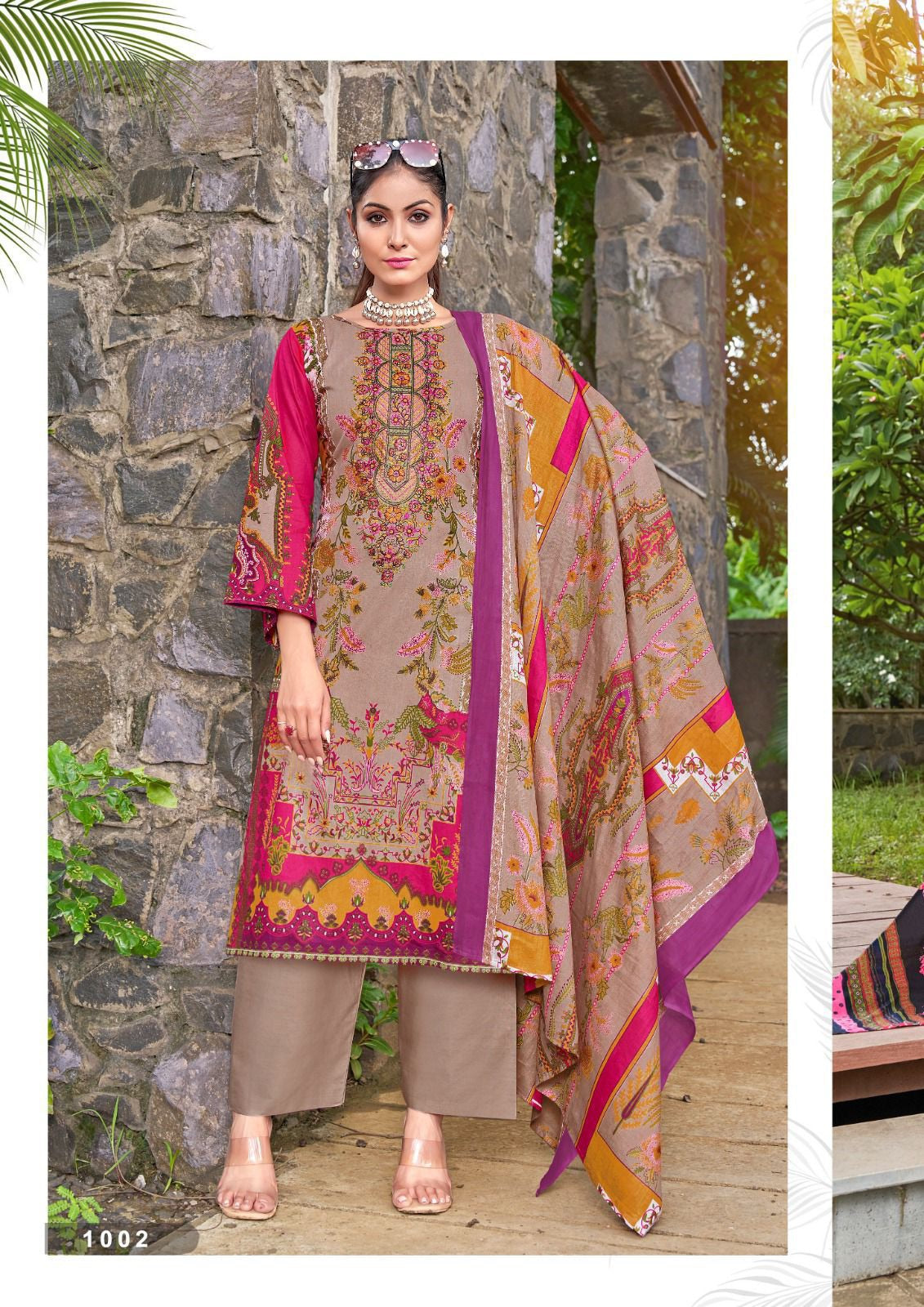 Saanvi Nusrat - Heavy Pure Cotton Dress Material with Kashmiri Neck Embroidery & Designer Dupatta