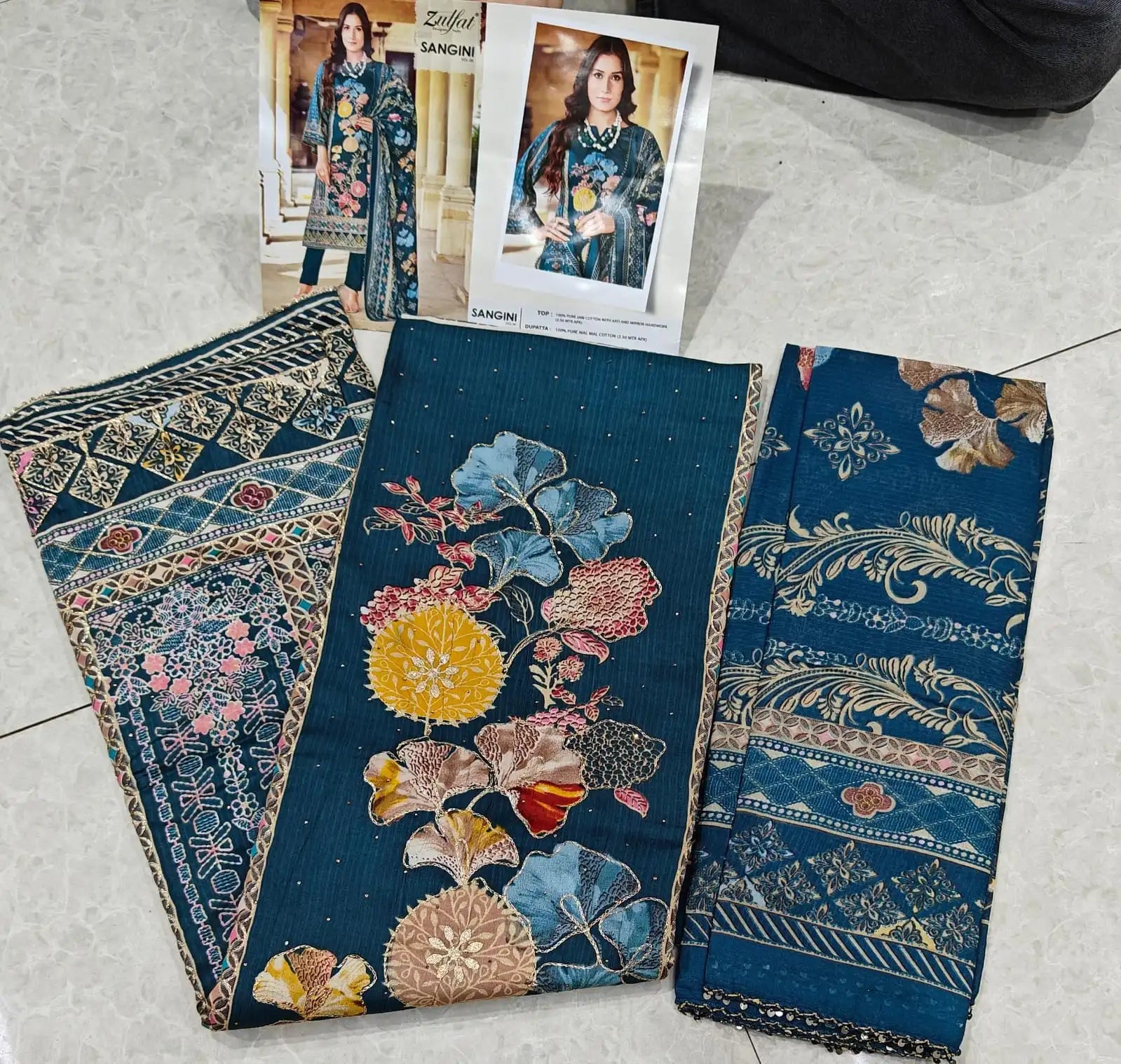Pure Mal Mal Cotton Dupatta - Jam Cotton Suit with Heavy Mirror & Aari Handwork