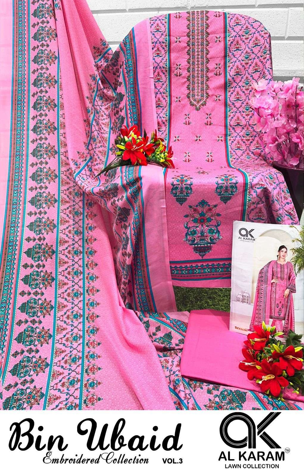 Al Karam Bin Ubaid Lawn Collection - Self Embroidery Cotton Dress Material with Mal Mal Dupatta
