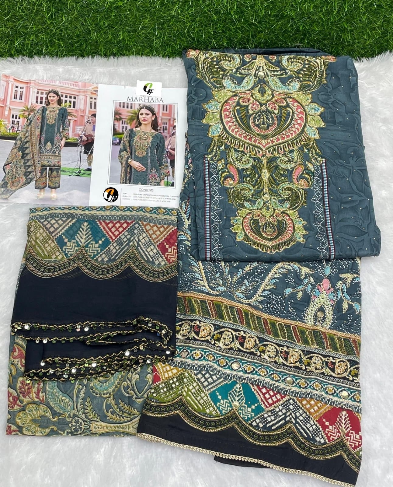 Rajwadi by GF Pakistani Plazo Suit - Pure Crepe with Heavy Handwork & Swarovski Work