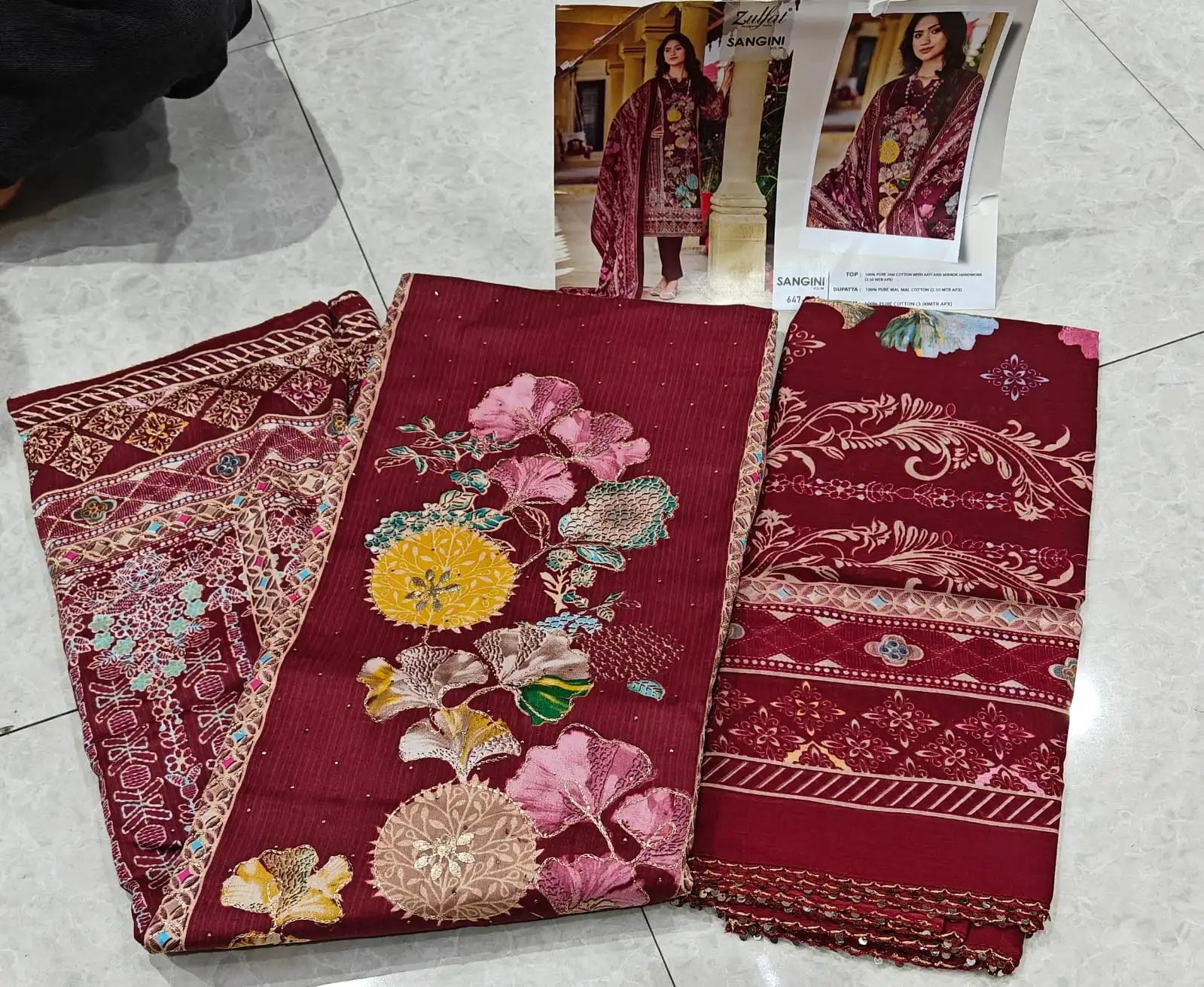 Pure Mal Mal Cotton Dupatta - Jam Cotton Suit with Heavy Mirror & Aari Handwork