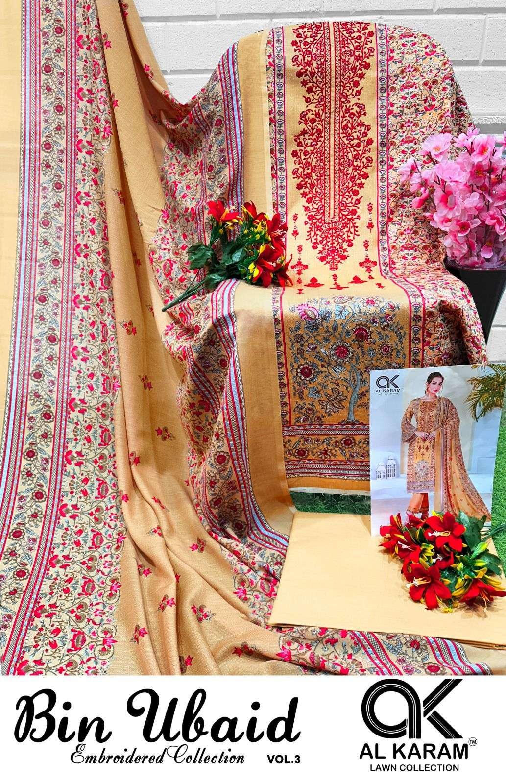 Al Karam Bin Ubaid Lawn Collection - Self Embroidery Cotton Dress Material with Mal Mal Dupatta