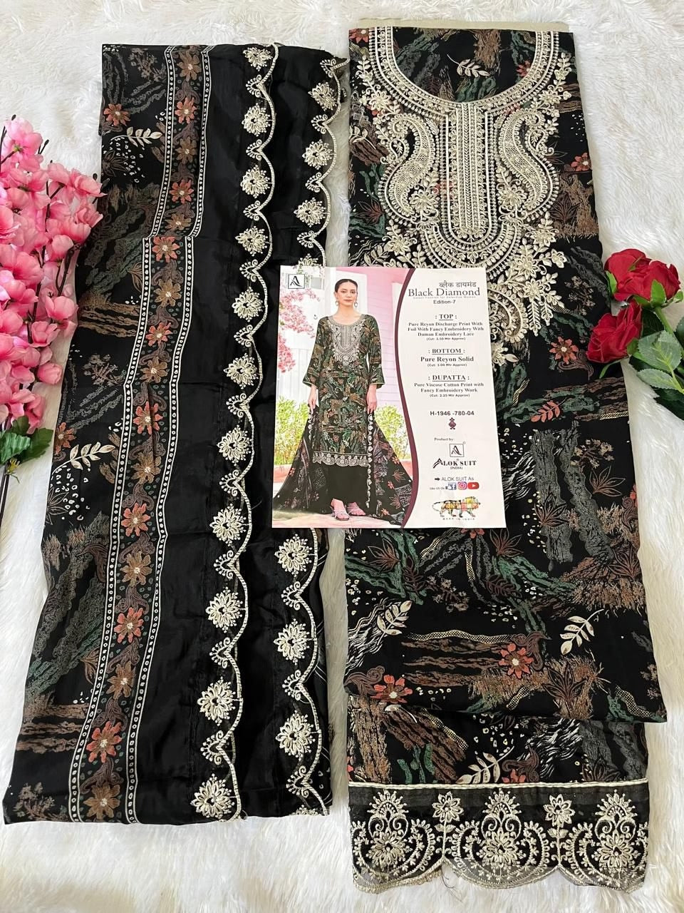 Alok Black Diamond Designer Rayon Suit - Pure Rayon Discharge Print with Foil & Embroidery