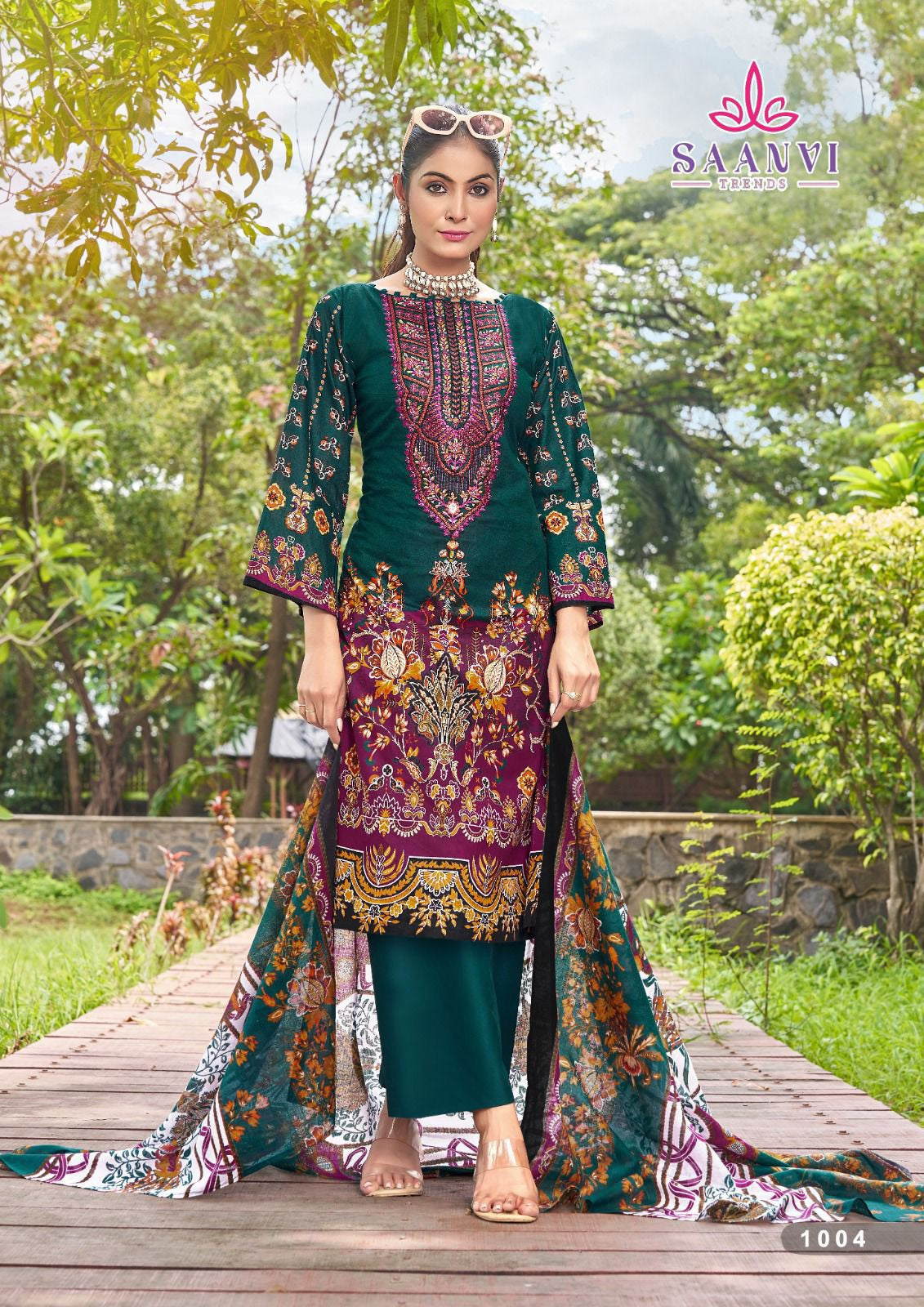 Saanvi Nusrat - Heavy Pure Cotton Dress Material with Kashmiri Neck Embroidery & Designer Dupatta