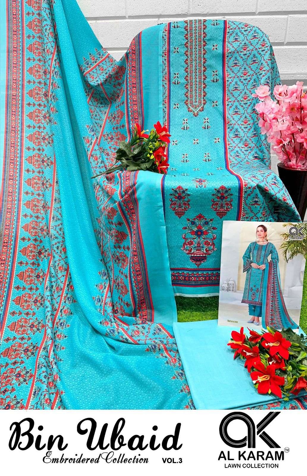 Al Karam Bin Ubaid Lawn Collection - Self Embroidery Cotton Dress Material with Mal Mal Dupatta