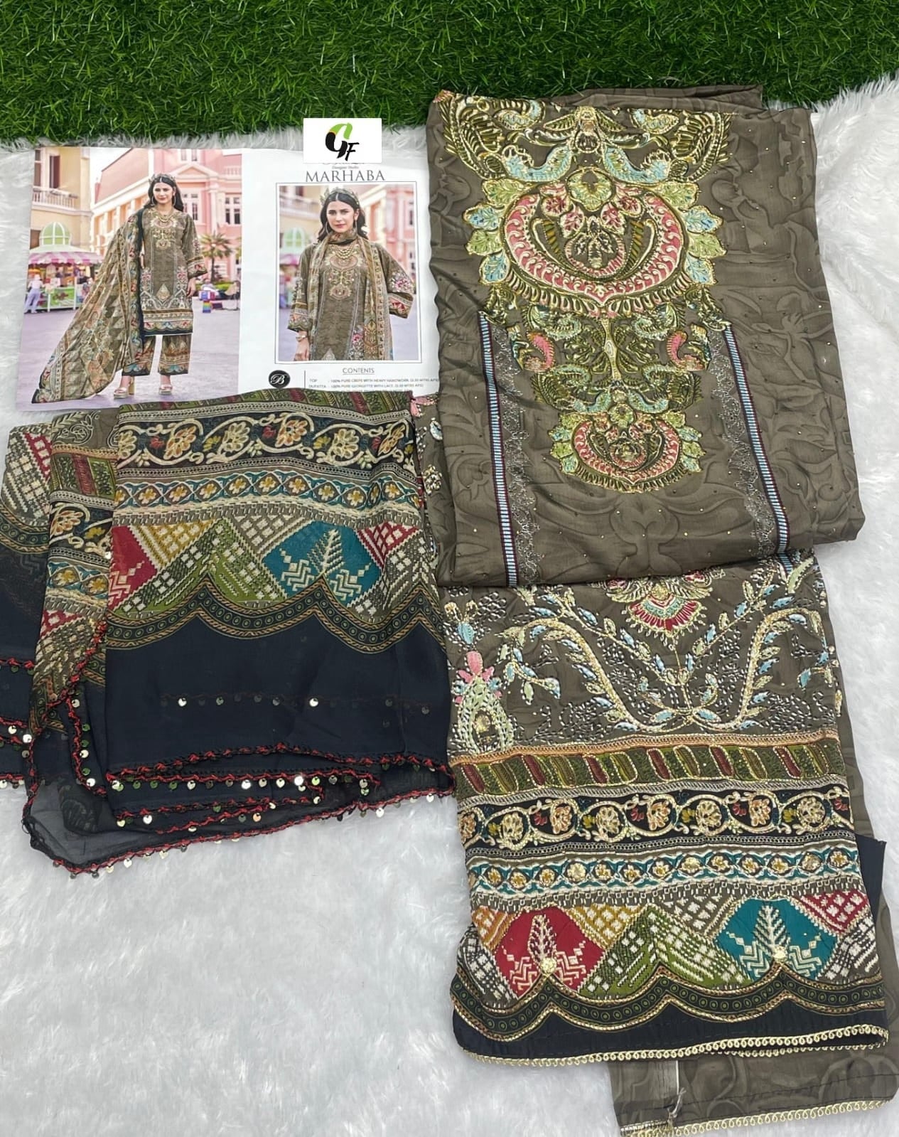 Rajwadi by GF Pakistani Plazo Suit - Pure Crepe with Heavy Handwork & Swarovski Work