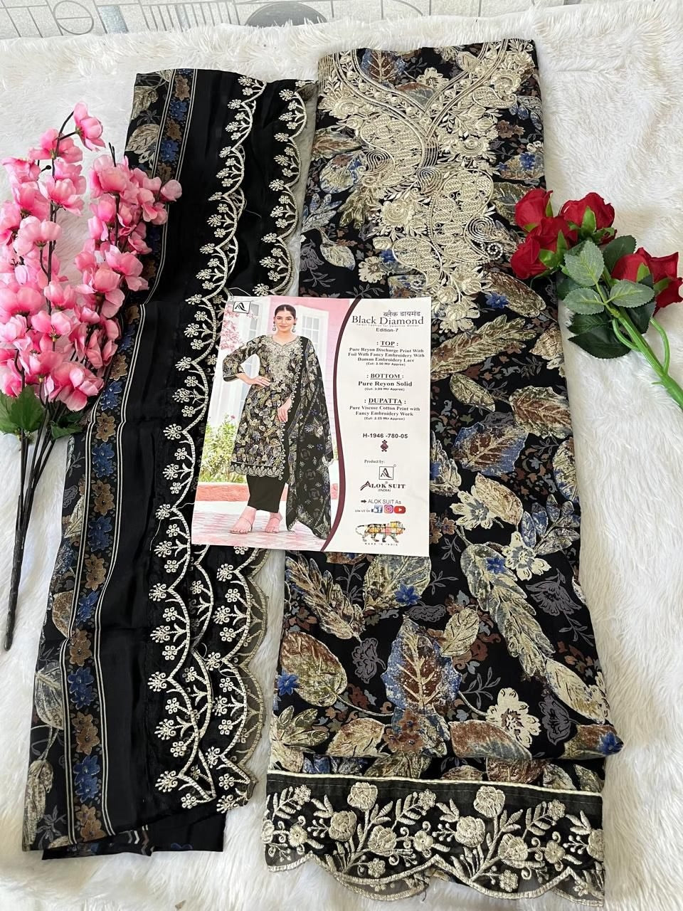 Alok Black Diamond Designer Rayon Suit - Pure Rayon Discharge Print with Foil & Embroidery