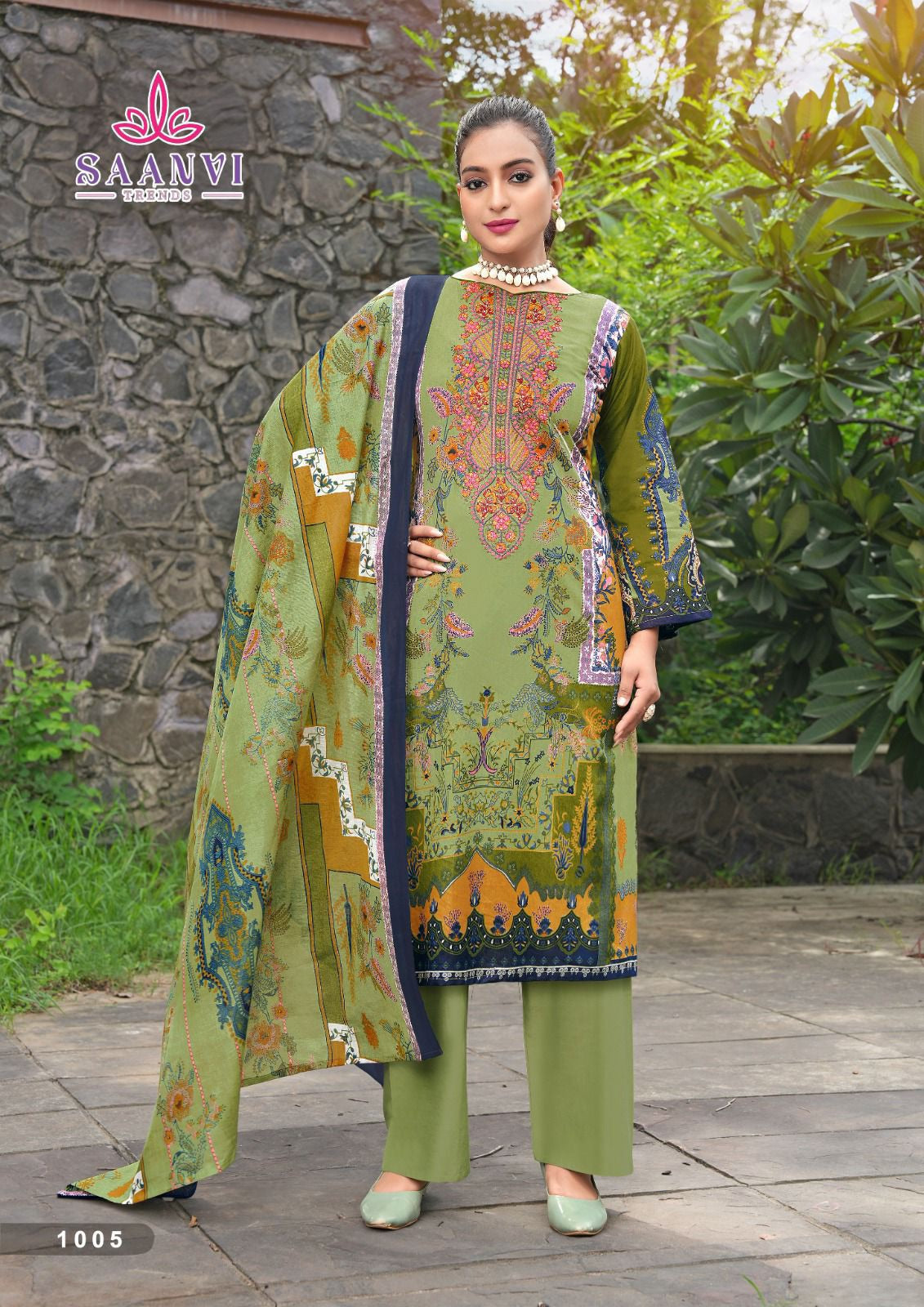 Saanvi Nusrat - Heavy Pure Cotton Dress Material with Kashmiri Neck Embroidery & Designer Dupatta