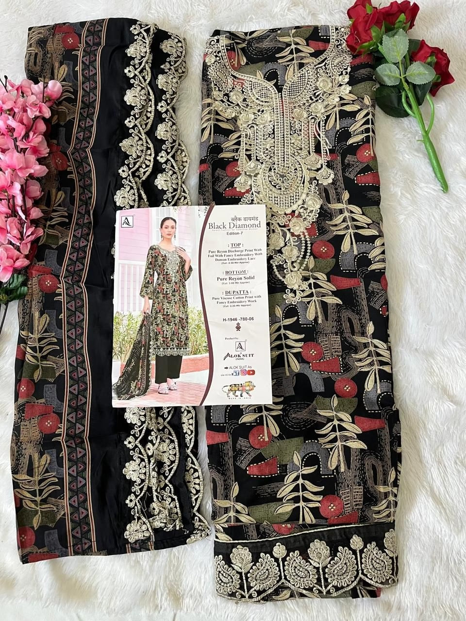 Alok Black Diamond Designer Rayon Suit - Pure Rayon Discharge Print with Foil & Embroidery