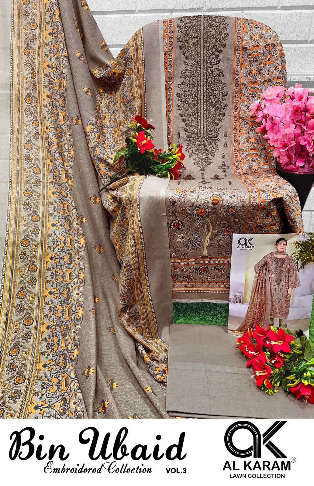 Al Karam Bin Ubaid Lawn Collection - Self Embroidery Cotton Dress Material with Mal Mal Dupatta
