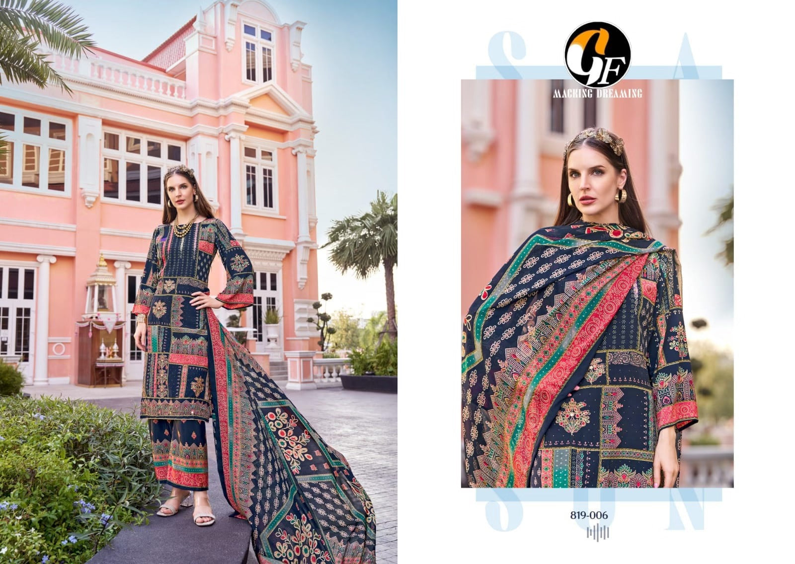 Rajwadi by GF Pakistani Plazo Suit - Pure Crepe with Heavy Handwork & Swarovski Work