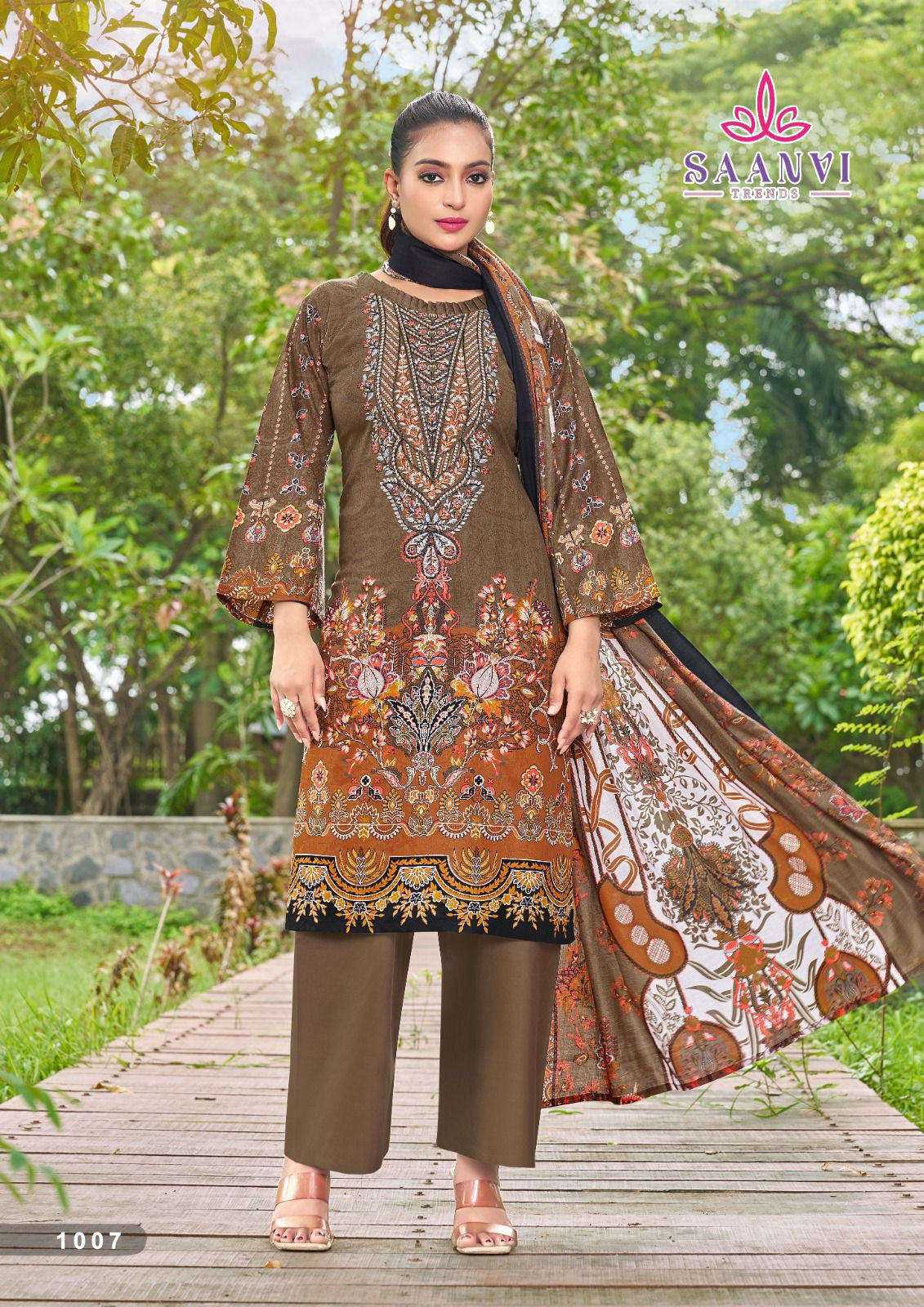 Saanvi Nusrat - Heavy Pure Cotton Dress Material with Kashmiri Neck Embroidery & Designer Dupatta