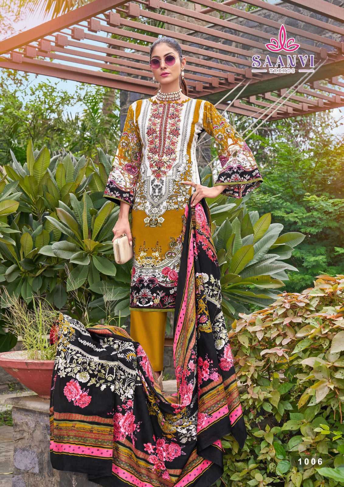 Saanvi Nusrat - Heavy Pure Cotton Dress Material with Kashmiri Neck Embroidery & Designer Dupatta