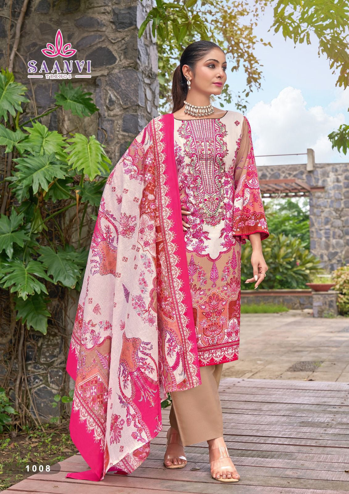 Saanvi Nusrat - Heavy Pure Cotton Dress Material with Kashmiri Neck Embroidery & Designer Dupatta