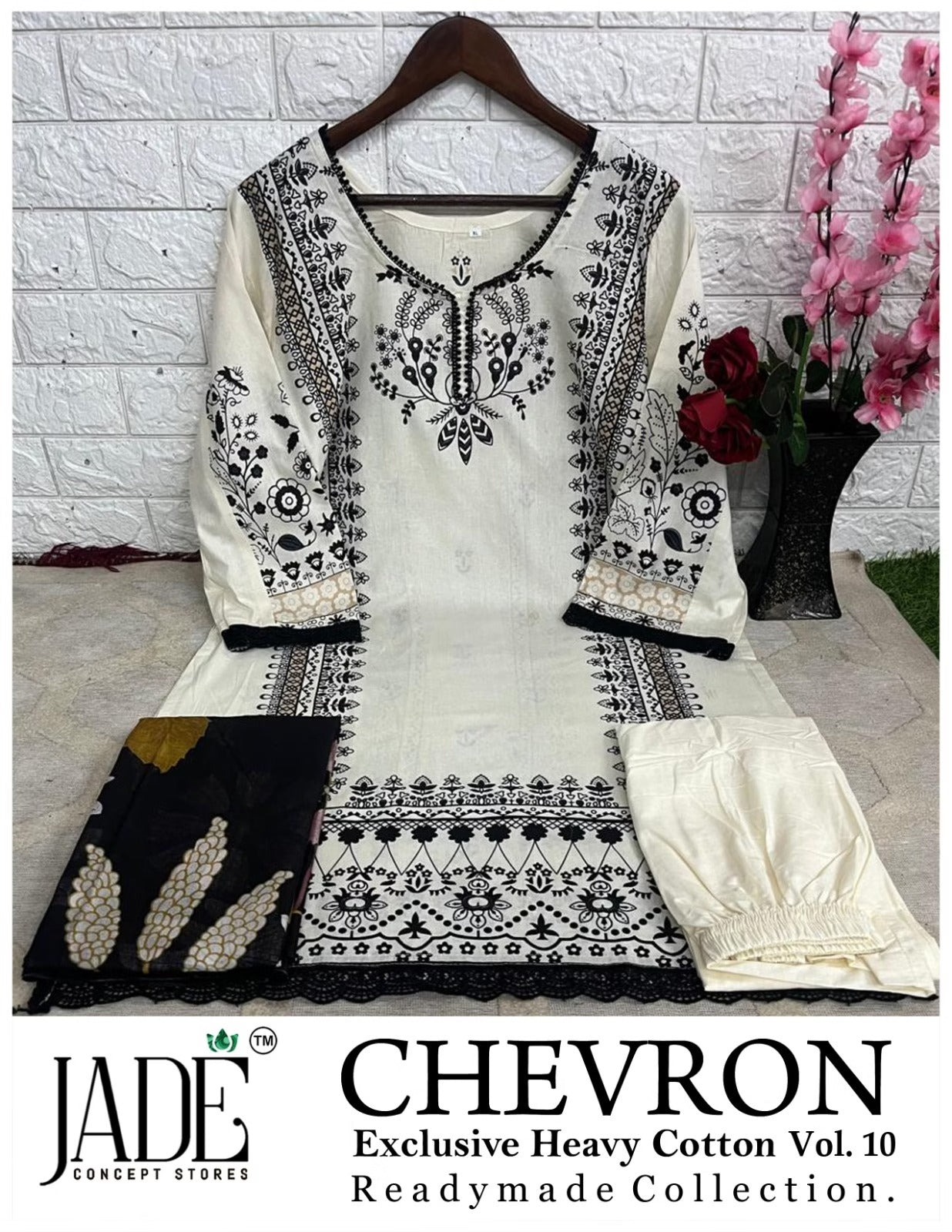 Jade Chevron - Pakistani Lawn Readymade Suit Set with Heavy Lace & Dupatta - Pure Cotton Lawn